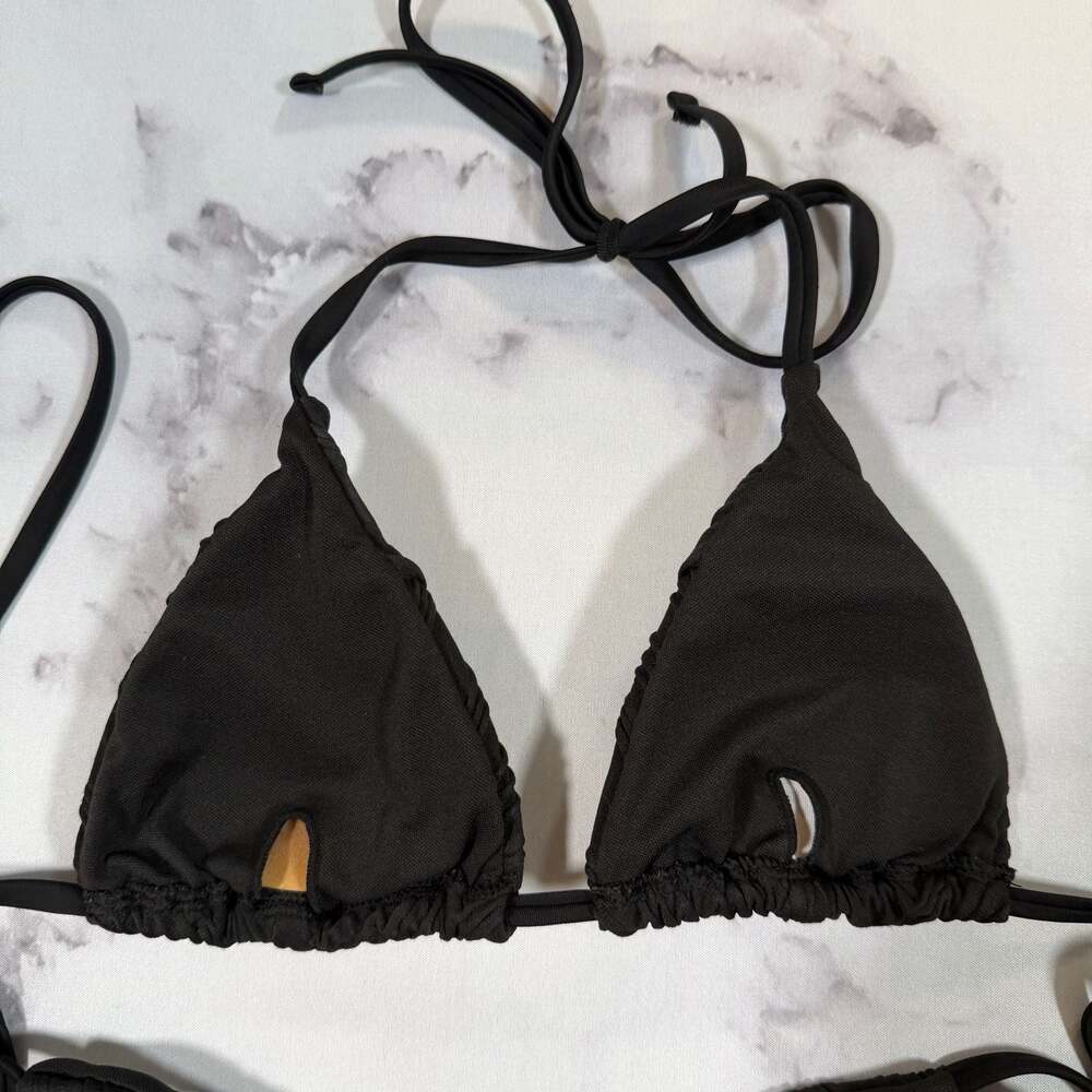 Black Ribbed Triangle String Bikini Two-Piece Cheeky Set Small - Picture 4 of 9